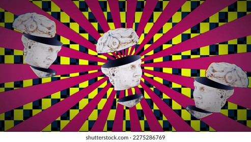 Image of head sculptures over pink lines on checkered background. Art, abstract and movement concept digitally generated image. - Powered by Shutterstock