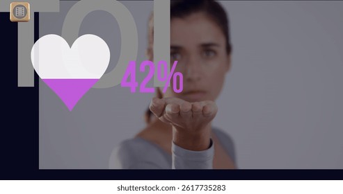 Image of heart with growing number over caucasian woman. global business, data processing and digital interface concept digitally generated image.