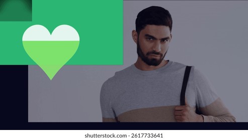Image of heart over biracial man. global business, data processing and digital interface concept digitally generated image.