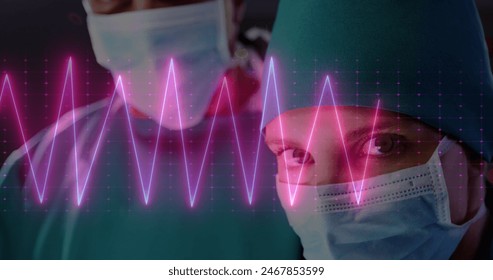 Image of heart rate monitor against caucasian female surgeon wearing surgical mask at hospital. Medical healthcare technology concept - Powered by Shutterstock