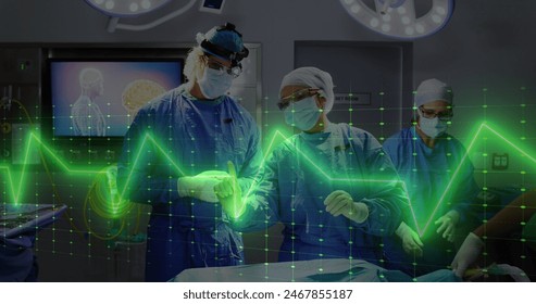 Image of heart rate monitor against diverse male and female surgeons discussing before surgery. Medical healthcare technology concept - Powered by Shutterstock