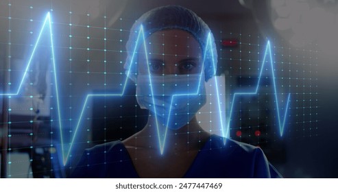 Image of heart rate monitor against portrait of caucasian female surgeon at hospital. Medical healthcare and research science technology concept - Powered by Shutterstock