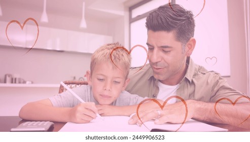 Image of hearts falling over caucasian man and his son doing homework. fashion and lifestyle concept digitally generated image. - Powered by Shutterstock