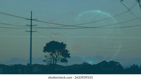 Image of hearts falling over high voltage lines. Global science, connections, data processing and digital interface concept digitally generated image.