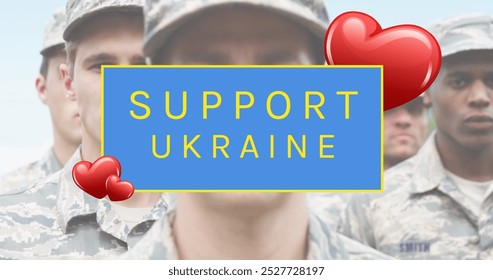 Image of hearts and supporting ukraine over diverse male soldiers. Ukraine crisis and international politics concept digitally generated image. - Powered by Shutterstock