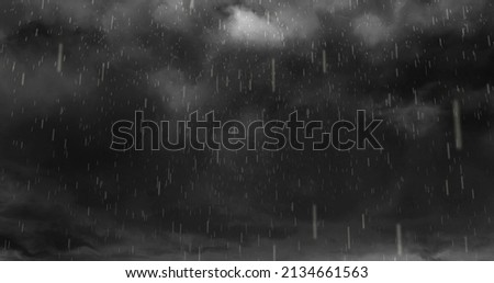 Image of heavy rain falling over lightning and stormy grey clouds background. weather, nature, storm and rainfall concept digitally generated image.