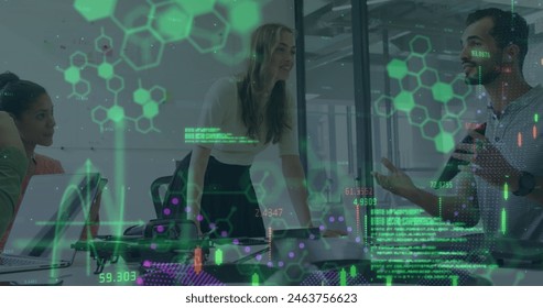 Image of hexagon patterns, graphs, map, computer language, diverse coworkers discussing reports. Digital composite, multiple exposure, global, report, coding, teamwork, office and technology.