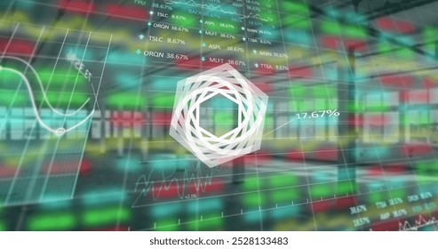 Image of hexagon spinning and financial data processing over empty industrial interiors. global business, finance and data processing concept digitally generated image. - Powered by Shutterstock - Get 15% off with code: PIKWIZARD15
