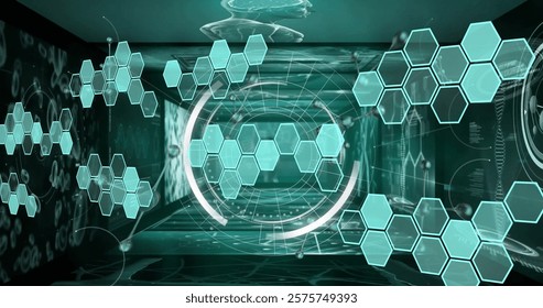 Image of hexagons and molecules over data processing with scope scanning on black background. Global technology, science, computing and digital interface concept digitally generated image.