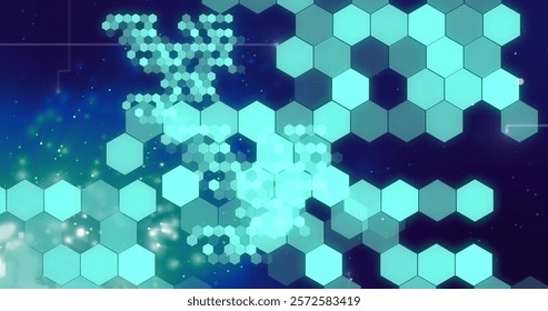 Image of hexagons over light spots. Global science, technology and digital interface concept digitally generated image. - Powered by Shutterstock - Get 15% off with code: PIKWIZARD15