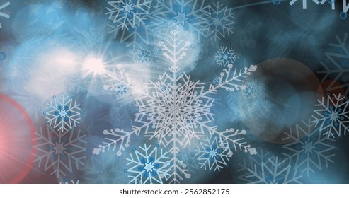 Image of hexagons pattern, looping snowflakes and lens flare over abstract background. Digitally generated, hologram, christmas festivity, tradition and winter holiday concept. - Powered by Shutterstock - Get 15% off with code: PIKWIZARD15