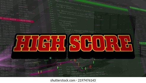 Image of high score text and data processing over office. social media and communication interface concept digitally generated image.