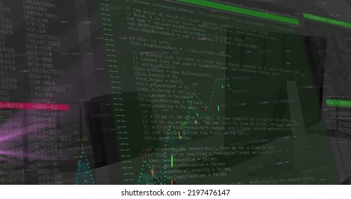 Image of high score text and data processing over office. social media and communication interface concept digitally generated image.