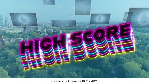 Image of high score text and data processing over cityscape. social media and communication interface concept digitally generated image.