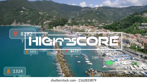 Image of high score text and growing numbers over landscape. global data processing, computing and digital interface concept digitally generated image.