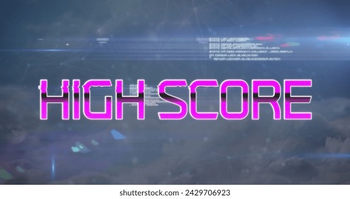 Image of high score text over data processing and sky with clouds. global social media, data processing and digital interface concept digitally generated image.