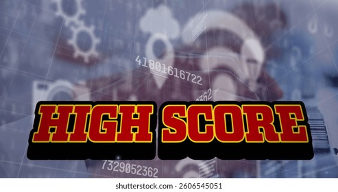 Image of high score text over data processing and digital icons. image game, digital interface, communication and entertainment concept digitally generated image. - Powered by Shutterstock - Get 15% off with code: PIKWIZARD15