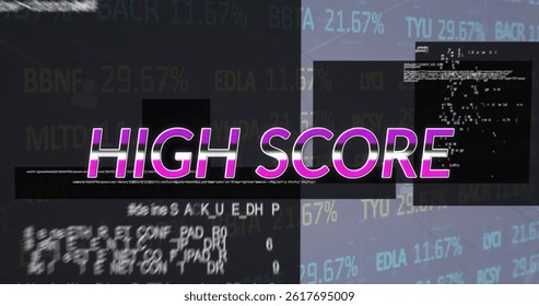 Image of high score text over data processing. global social media, data processing and digital interface concept digitally generated image. - Powered by Shutterstock - Get 15% off with code: PIKWIZARD15