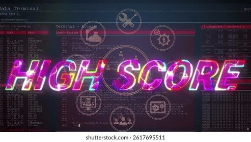 Image of high score text over icons and data processing. global social media, data processing and digital interface concept digitally generated image.