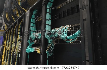 Image of a high-density fiber optic cabling system within a data center server rack, a crucial component for efficient network infrastructure.