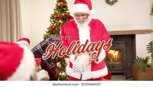 Image of holidays text over santa claus and diverse senior friends at christmas at home. Chirstmas, celebration and tradition concept digitally generated image. - Powered by Shutterstock