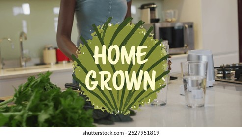 Image of home grown text and leaves over happy african american woman cooking. ecology, cooking, food concept digitally generated image. - Powered by Shutterstock