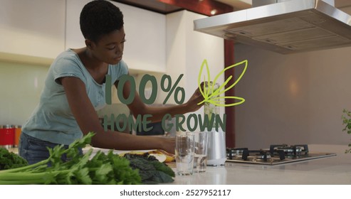 Image of home grown text and leaves over happy african american woman cooking. ecology, cooking, food concept digitally generated image. - Powered by Shutterstock