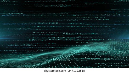 Image of horizontal lines of blue particles and undulating 3d landscape on black background. Communication technology, abstract digital interface background concept digitally generated image. - Powered by Shutterstock