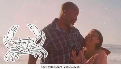 Image of horoscope symbol over happy senior biracial couple dancing at beach. Lifestyle, nature, horoscope and symbols concept digitally generated image. - Powered by Shutterstock