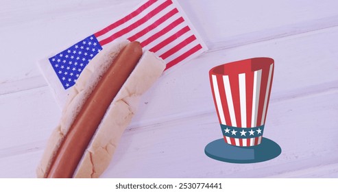 Image of hot dog and hat in usa flag colours over white surface. presidents day, independence day and american patriotism concept digitally generated image. - Powered by Shutterstock