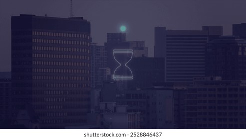 Image of hourglass icon over neon banner and stock market data processing against tall buildings. Global economy and business technology concept - Powered by Shutterstock - Get 15% off with code: PIKWIZARD15