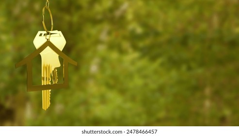 Image of house model and key hanging over defocused grassy field. Digital composite, new home, metallic, ownership, gold colored, moving, keyring. - Powered by Shutterstock