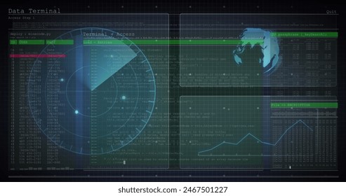 Image of hud interface screens with graph, radar, globe and programming languages. Hologram, digitally generated, globalization, scanning, coding, business, report, data processing, technology. - Powered by Shutterstock