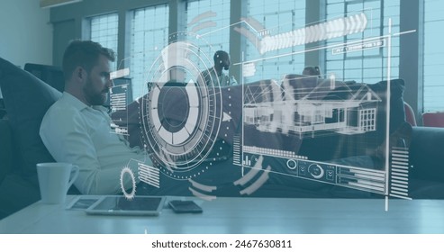 Image of hud screen with radar and 3d house over caucasian businessman using laptop on sofa. Digital composite, data processing, architect, planning, business, technology and office concept.