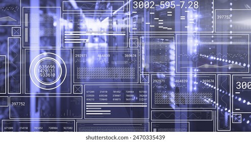 Image of hud screens with changing numbers, graphs, loading bars, circles over server room. Digital composite, multiple exposure, report, business, progress, technology and network server.