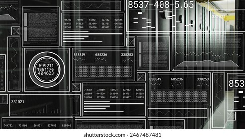 Image of hud screens with numbers, graphs and shapes over data server racks. Digital composite, networking, data center, security, technology, network server, infographic, coding, data processing.