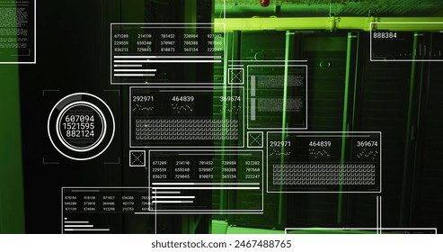 Image of hud screens with numbers, graphs and shapes over data server racks. Digital composite, networking, data center, security, technology, network server, infographic, coding, data processing.
