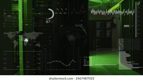 Image of hud screens with programming language, globe, map, graphs and data server racks. Digital composite, networking, data center, security, technology, global network, coding, data processing. - Powered by Shutterstock - Get 15% off with code: PIKWIZARD15