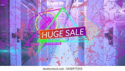 Image of huge sale text banner over abstract neon shapes and plexus networks against server room. Sale discount and retail business concept