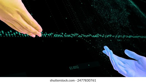 Image of human and alien hand over data processing. global digital interface and data processing concept digitally generated image.