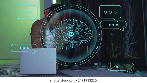 Image of human brain ai data processing over african american man using lapt. Global artificial intelligence, data processing, computing and digital interface concept digitally generated image.
