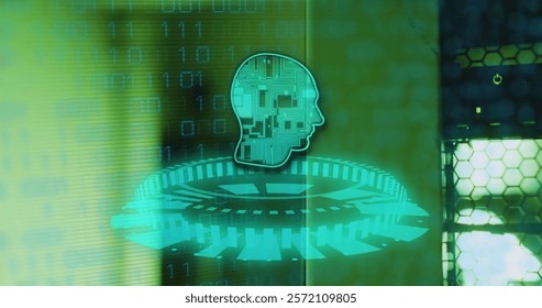 Image of human brain, binary coding data processing over computer servers. Global artificial intelligence, connections, computing and data processing concept digitally generated image.