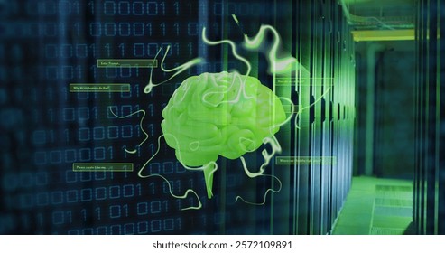 Image of human brain and binary coding data processing over computer servers. Global artificial servers, connections, computing and data processing concept digitally generated image.