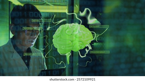 Image of human brain, binary coding over it male engineer by computer servers. Global artificial intelligence, connections, computing and data processing concept digitally generated image.