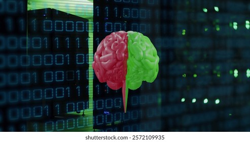 Image of human brain and binary coding data processing over computer servers. Global artificial servers, connections, computing and data processing concept digitally generated image.