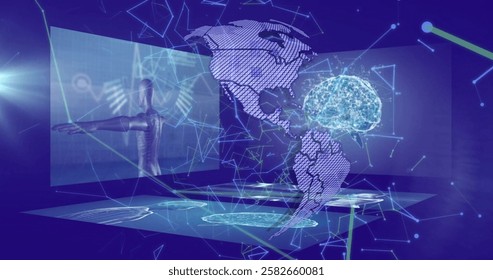 Image of human brain, connections with icons and digital data processing over globe. Global science, connections, computing and data processing concept digitally generated image.