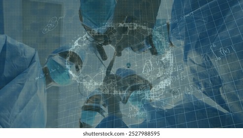 Image of human brain and data processing over diverse surgeons with face masks. global research and medicine during covid 19 pandemic concept digitally generated image. - Powered by Shutterstock