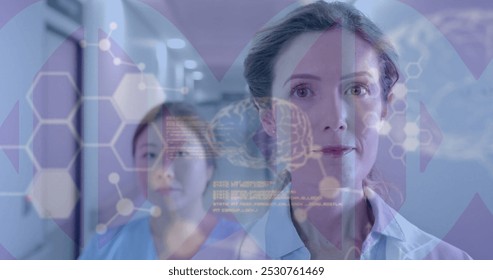 Image of human brain and data processing over diverse doctors. Global medicine, connections, computing and data processing concept digitally generated image.