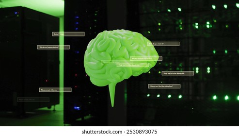 Image of human brain and data processing over circuit board. Global artificial intelligence, connections, computing and data processing concept digitally generated image.