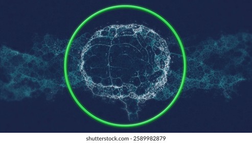Image of human brain and dna strand in green neon circle. Global science, connections, computing and data processing concept digitally generated image.